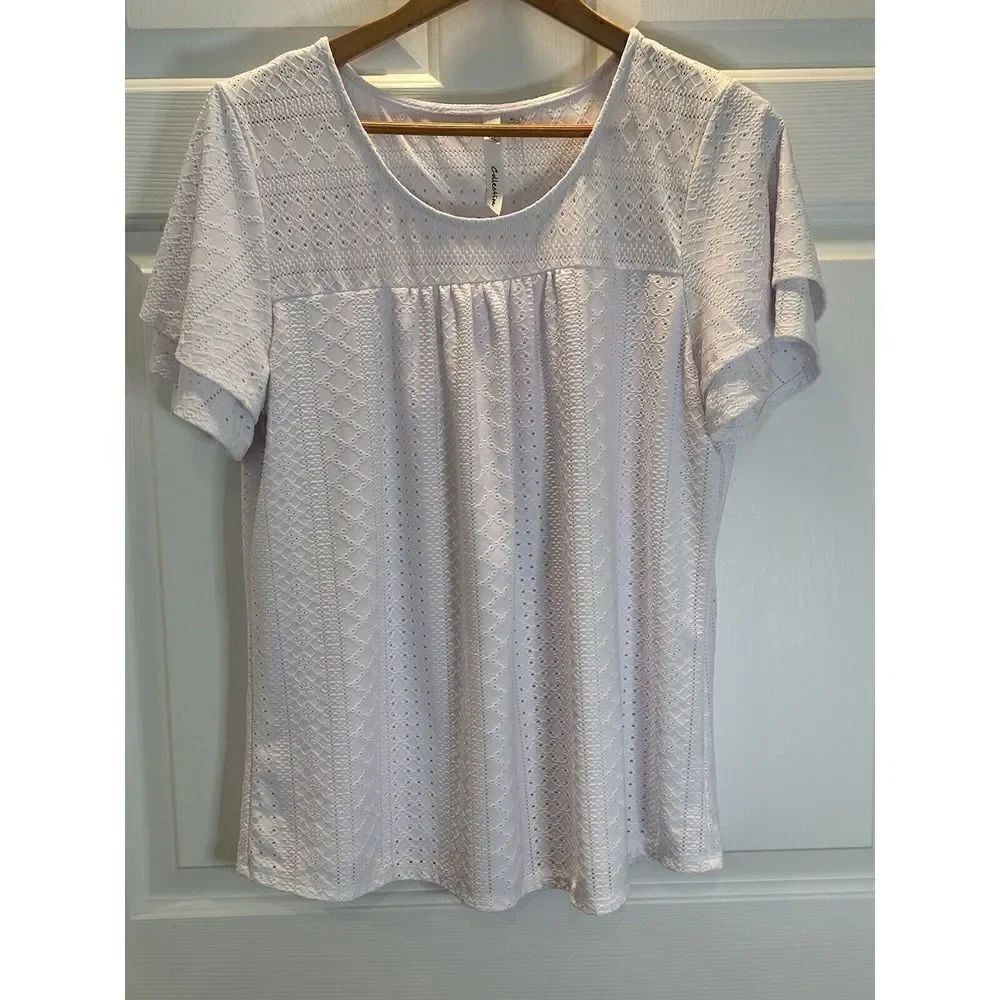 NY Collection White Eyelet Women's XL Short Sleeve Top